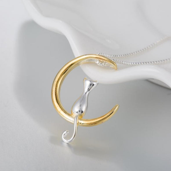 Cat Perched on Crescent Moon Necklace